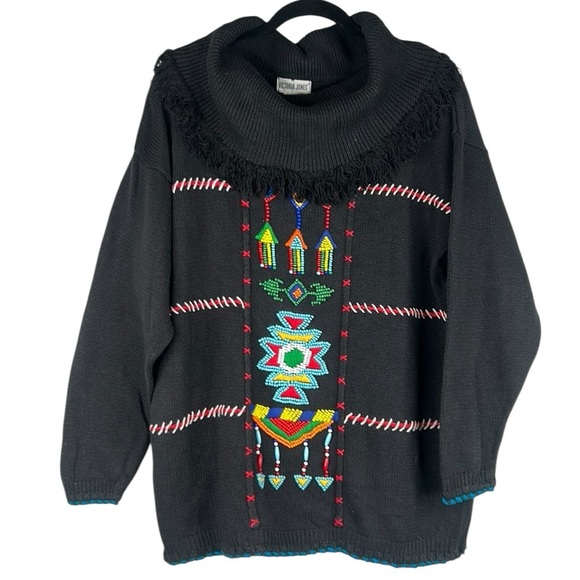 Victoria Jones Vintage Black Knit Aztec Boho Beaded Cowl Neck Sweater Size Large - Picture 1 of 8